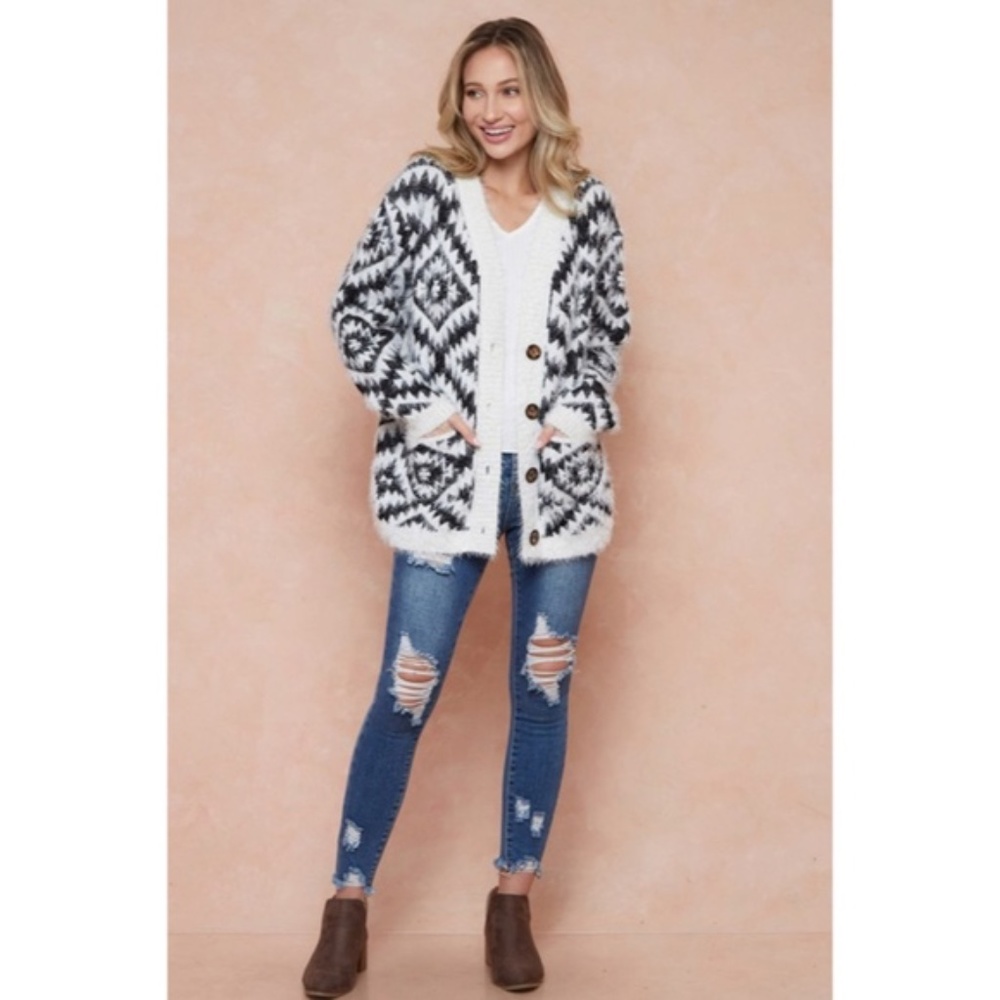 SOLD OUT Ivory & Black Fuzzy Soft Eyelash Aztec Tribal Button Up Knit Cardigan - Picture 9 of 9